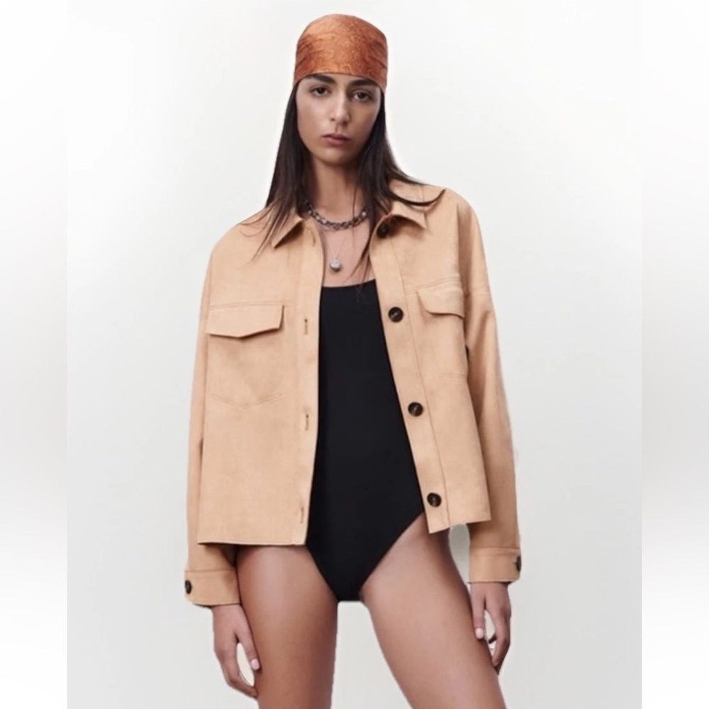 Zara faux suede button down cropped over shirt jacket shacket size L